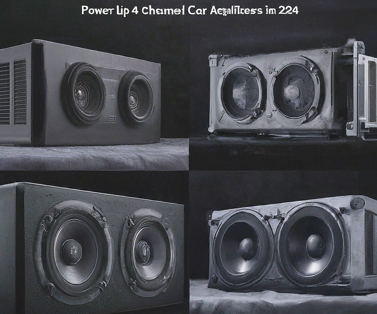 A collage of different car audio amplifiers displayed on a black background