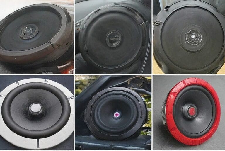 Collage of seven car subwoofers in various sizes and styles, highlighting features like a slim subwoofer for under-seat mounting, a weatherproof subwoofer ideal for trucks, and a subwoofer with a built-in amplifier.