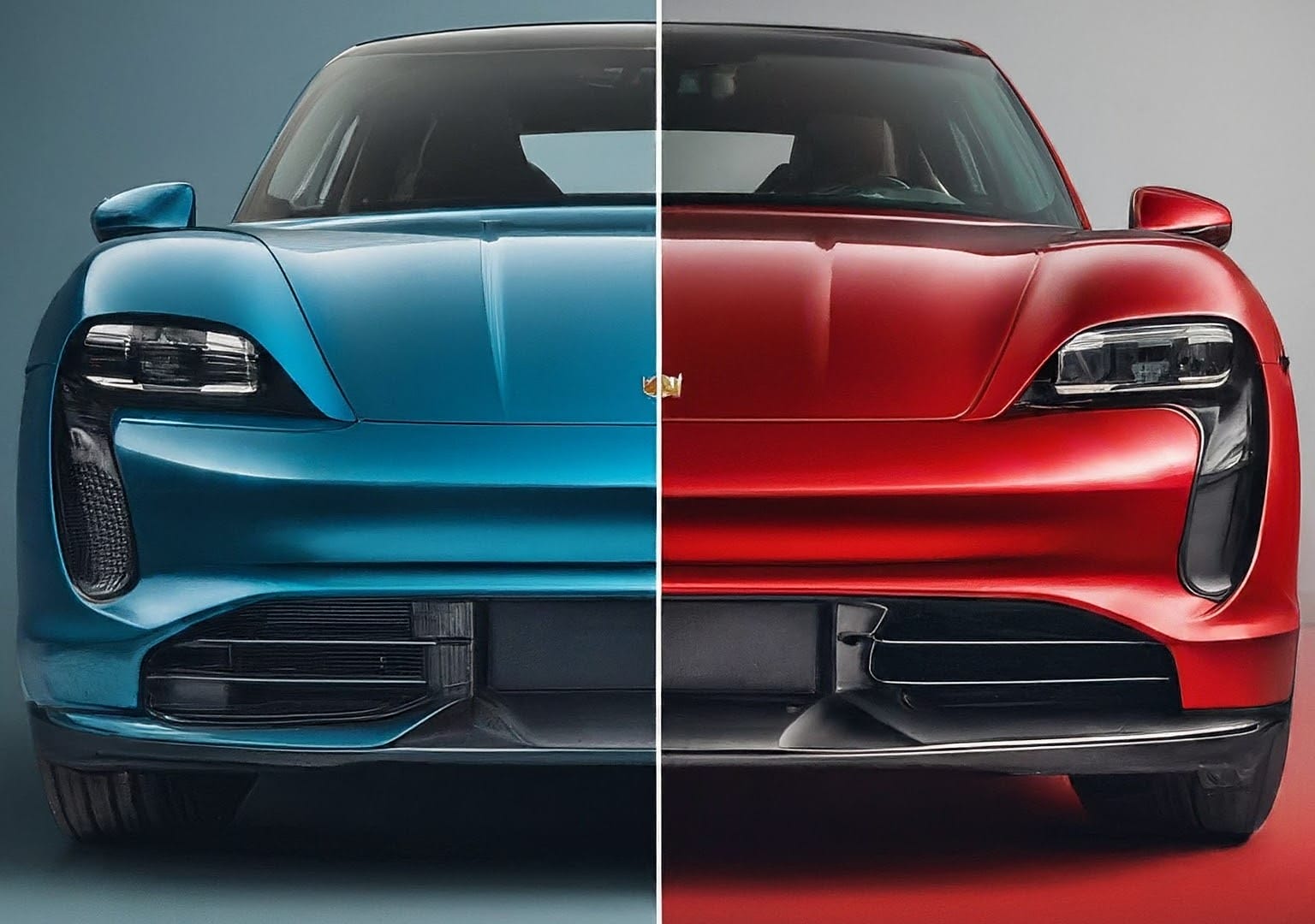 Car Wrap vs. Paint Job: A split image comparing a blue car with a shiny metallic car wrap on the left, and a red car with a glossy paint job on the right.