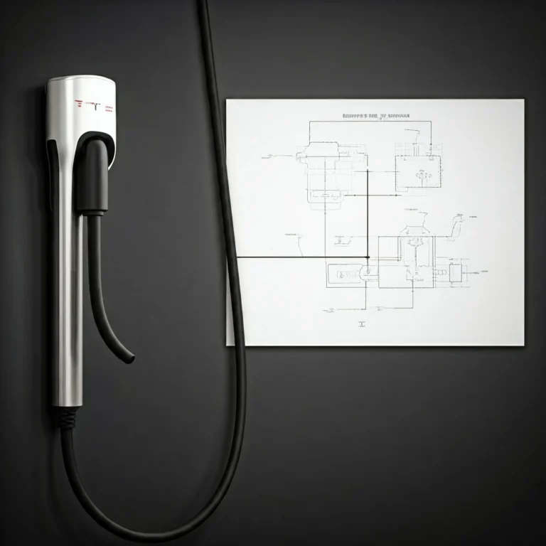 A drawing of a Tesla charging station featuring a power cord, illustrating Level 2 charging setup.