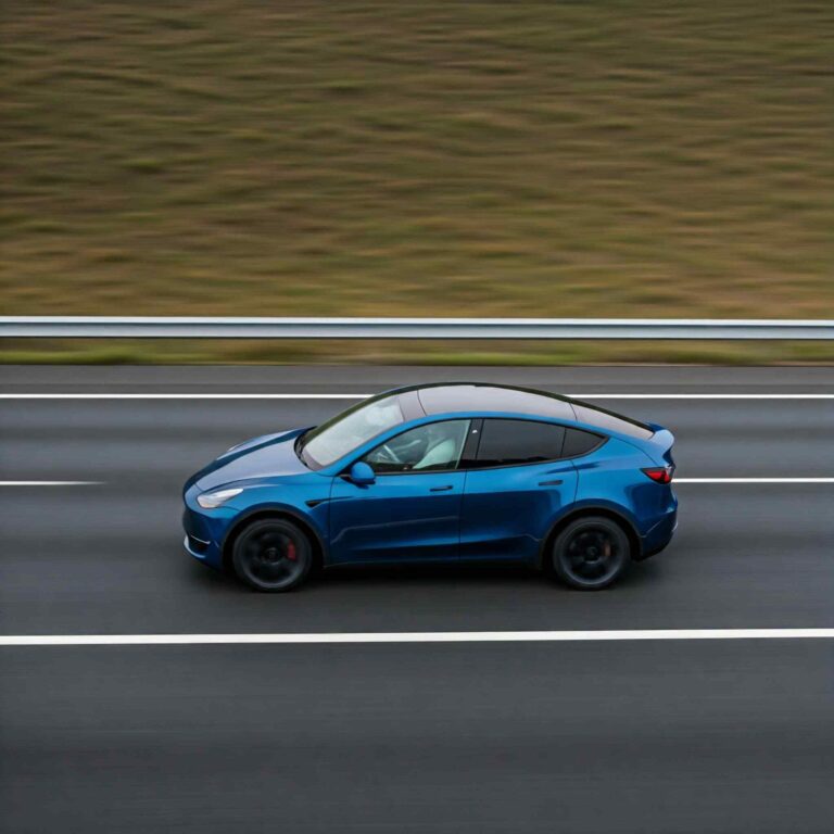 A Tesla Model Y driving on the highway, showcasing its sleek design and advanced Autopilot features.